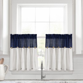 Lush Decor Linen Button Farmhouse Kitchen Tier Curtain Set, Pair, 29" W x 24" L, Navy & White