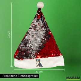 Huuraa Nikolausmütze Australian Shepherd Aussie Comic Geschenk Pailletten Rot/Weiß Filz Australian Shepherd Mitbringsel
