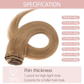 Silk-co 8PCS Hair Extensions Clip in Hair Extensions 100% Real Remy Straight Human Hair #27 Dark Blonde Clip on Hair Extension -Basic Thickness-Thin Weft- [16inch-65g]