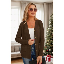 GRECERELLE Womens Cardigan Long Sleeve Lightweight Cardigans Button Down V Neck Ribbed Knit Outerwear Open Front Tops with Pocket for Ladies (Brown, L)