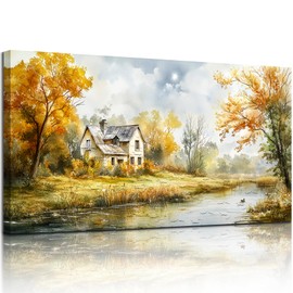 SERIMINO Autumn Nature Landscape Wall Art, Riverside Cottage Scenic Large Artwork, Rustic Farmhouse Oversized Wall Prints, Pastoral Canvas Paintings Wall Decor Living Room Bedroom Dining Room 30"X60"