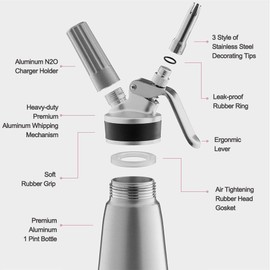 Vikooyes Profi Aluminum Whipped Cream Dispenser for Home Chef, Homemade Cream Maker Canister 500ml for Desserts Chocolate Gourmet