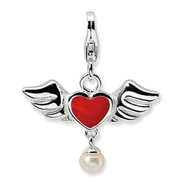 Amore LaVita Sterling Silver 3-D Winged Red Heart FW Cultured Pearl w/Lobster Charm QCC122 Sterling Silver 3-D Winged Red Heart FW Cultured Pearl w/Lobster Charm