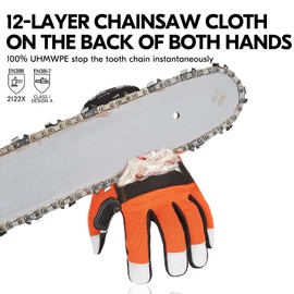 Vgo... Chainsaw Gloves 12-Layer Protection on Both Hands, Safety Goat Leather Foresty Work Gloves with Touchscreen(L,Orange,1 pair)