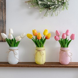 3 Pack Tulip Mason Jar Centerpiece Table Decorations, Kitchen Table Centerpieces for Dining Room, Spring Easter Coffee Table Decor with Tulips Artificial Flowers, Farmhouse Centerpieces for Tables