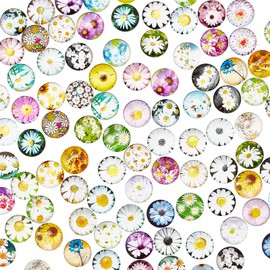 PH PandaHall 100pcs Cabochons Round Mosaic Tiles Daisy Patern Half Round Mosaic Printed Glass Dome Cabochons for Photo Pendant Jewellery Making, 12mm