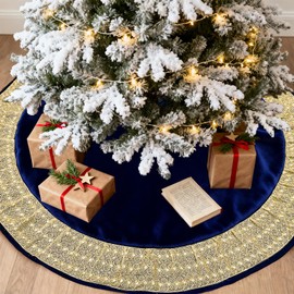 CYAOOI Blue Christmas Tree Skirt 60 inches, Large Velvet Tree Skirt for 7.5 ft & 9 ft Tree, Vintage Luxury Xmas Tree Skirts with Gold Glitter Trim Rustic Christmas Tree Holiday Party Decorations