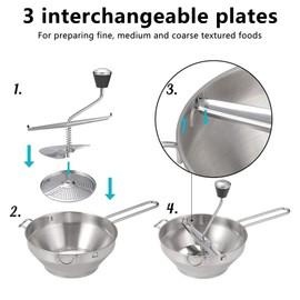 Rotary Food Mill with 3 Interchangeable Disks, Easy to Use Stainless Steel Kitchen Mills with Anti Slip Handle, Soft Ball for Making Puree or Soups of Vegetables