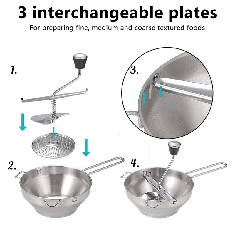 Rotary Food Mill with 3 Interchangeable Disks, Easy to Use
