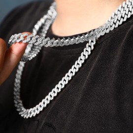 nkjegol Cuban Link Chain for Women Pink Crystal Bling Diamond Miami Cuban Necklace Iced Out Necklace for Men Hip Hop Jewelry (16 inch, Silver)