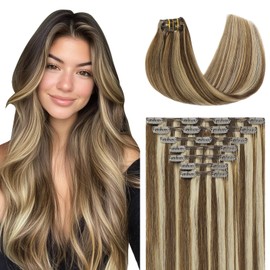 Youngsmile Real Human Hair Clip in Extensions, 18 Inch 160 Gram 7Pcs, Color 4 Chocolate Brown Highlighted mixed 27 Caramel Blonde, Clip in Human Hair Extension Thick End (7C#4P27-18Inch)