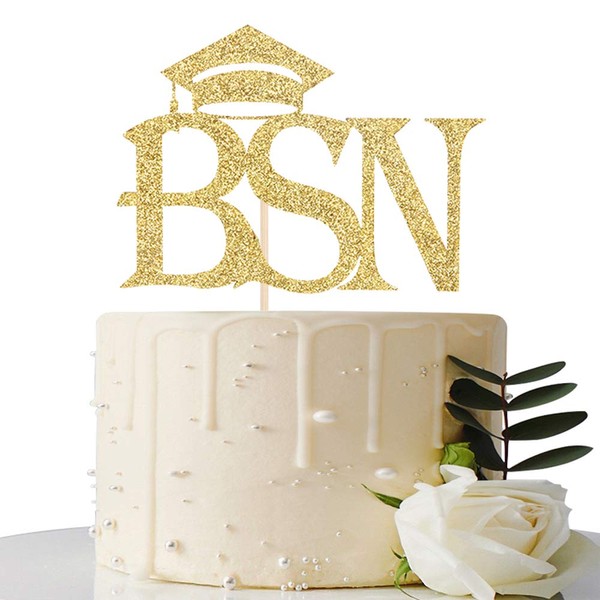 Gold Glitter BSN Cake Topper - Nurse / RN Graduation Party Decoration - Nurse Graduation Cake Decorations - Nursing Grad Party Decorations