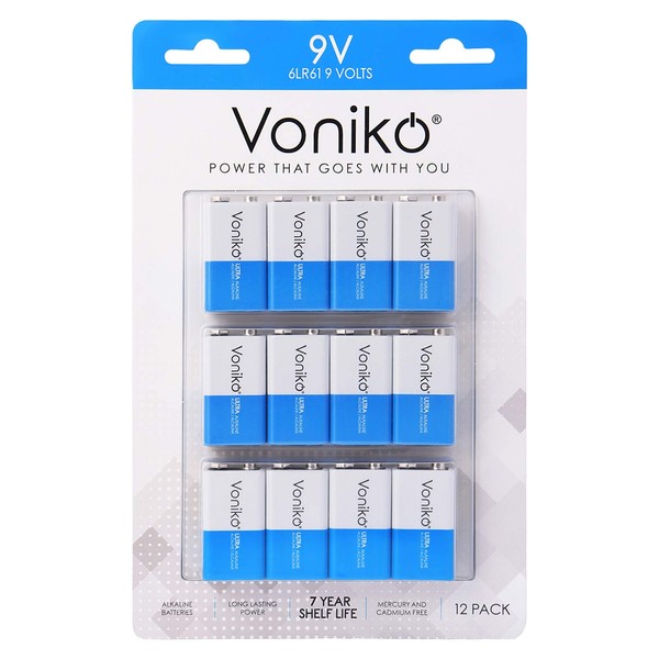 Voniko 9V Batteries - Alkaline 9V Battery 12 Pack - Ultra Long Lasting with a 7-Year Shelf Life