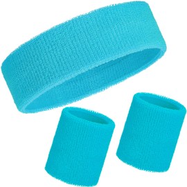 WILLBOND 3 Pcs Sweatbands Set 80s Neon Sports Headband Tennis Striped Sweat Band Paris Sports Competitions Sports Games for Men Women Party Supplies(Neon Blue,Solid Style)