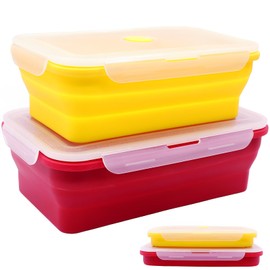 FUSMYE Set of 2 Extra Large Collapsible Silicone Food Storage Containers With Lids,82.8oz + 60.2oz Meal Box, Big Bento Lunch Boxes, Microwave,Dishwasher and Freezer Safe For Camping (Red and Yellow)
