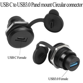 QIANRENON USB C to USB 3.0 Embedded Threaded Fixed Adapter 5Gbps USB C Female to USB 3.0 Female Panel Mount Round Connector with Waterproof Dust Cap