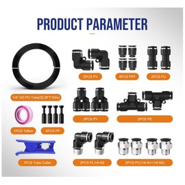 PU Airline Tubing with Push-to-Connect Fittings, Compressor Tube Repair Kit for Pneumatic Tools, Air Compressors, Automobiles 1/4''OD with Connectors