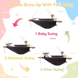 Tislly Baby Swing Outdoor and Indoor, Baby Hammock Toddler Swings, Baby Swing Outside Comfortable Wooden Midew Proof, Adjustable 5-Point Safety Belt, Great Gift for Baby Boys Girls Kids,Grey Cloud