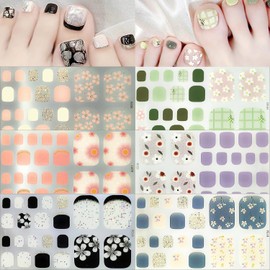 6 Sheets Flower Toenail Gel Stickers Spring Summer Toenail Polish Strips Multicolored Floral with Glitter Design Full Wraps Nail Art Supplies Cute Gels Toenails Strips Stickers for Women Acrylic Nails