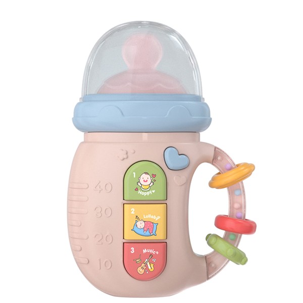 DUSWEN Silicone Baby Bottle Shape Teething Toys，Newborn Light and Music Electric Soother Bottle can be grasped to bite, Newborn Teething Toys for 0 3 6 12 Months Boys Girls（No Battery） (Pink)