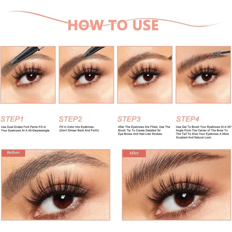 Lápiz de Cejas 2 Piezas, Efecto Microblading 3D Impermeable, Marrón