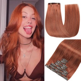 GUDOZO Remy Clip-In Real Hair Extensions Copper 7 Pieces 35 cm 80 g Dark Red Brown Invisible Hair Extensions Copper Orange Brown Extensions Auburn Ginger Skin Weft Clip Hair Extensions (14 Inches,