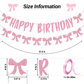 Pink Glitter Bow Birthday Decorations, Happy Birthday Banner & Bow Garland Party Decorations for Girls Women, Baby Shower & Celebration (Pink)