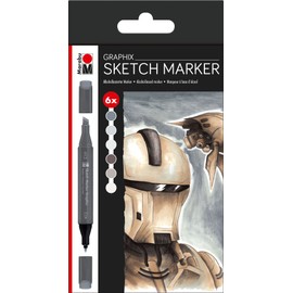 Marabu Sketch Marker Graphix Set of 6 Alpha Robot, Japanese Double 1-7mm Chisel Tip and 1mm Fine, Brilliant Colours, Quick Dry, Alcohol-Based Ink, Low Odour and Waterproof, Multi, One Size
