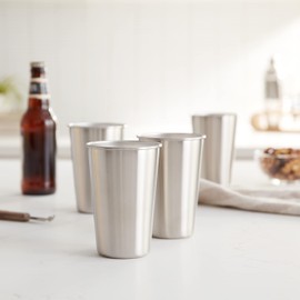 True Stainless Steel Pint Glasses for Beer, Iced Coffee, Water, or Cocktails, Unbreakable Metal Outdoor Tumblers, 16 Oz Set of 4