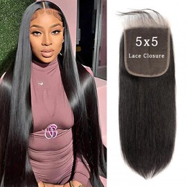 DUAUJUIU Lace Closure Real Hair Lace Closure Natural Black Brazilian Human Hair HD Lace Closure Straight Natural Black 16 Inches (40 cm)