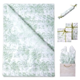 120 Sheets Sage Green Floral Tissue Paper Chinoiserie Gift Wrapping Paper Vintage Green White Flowers Packaging Patterned Bulk for Baby Shower Wedding Birthday Party Decor, 14 x 20 Inch