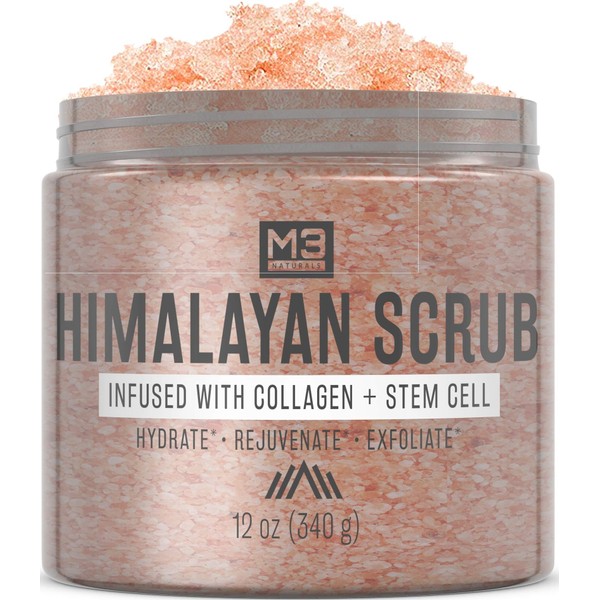M3 Naturals Himalayan Salt Scrub Infused with Collagen and Stem Cell Natural Exfoliating Body and Face Souffle for Acne Cellulite Dead Skin Scars Wrinkles Cleansing Exfoliator 12 oz