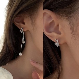TseenYi Butterfly Studs Earrings Pearl Long Drop Earrings Mini Cz Buterfly Earrings Silver Shine Butterfly Crystal Earrings Jewelry for Women and Girls Gifts