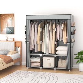 VTRIN Portable Closet Wardrobe for Hanging Clothes Closet with Cover, 3 Hanging rods, 6 Storage Shelves and Side Pocket, Diameter 19mm Metal Pipe, Sturdy Free Standing Closet for Bedroom