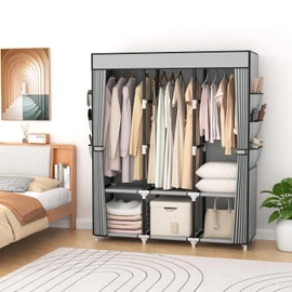 VTRIN Portable Closet Wardrobe for Hanging Clothes Closet with Cover, 3 Hanging rods, 6 Storage Shelves and Side Pocket, Diameter 19mm Metal Pipe, Sturdy Free Standing Closet for Bedroom