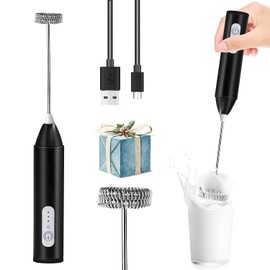 Rechargeable Milk Frother, Handheld Drink Mixer Electric Foam Maker for Coffee with Stainless Steel Whisk ＆ 3 Speeds, USB-C Coffee Frother Wand for Cappuccino, Latte, Matcha, Protein Powder (Black)