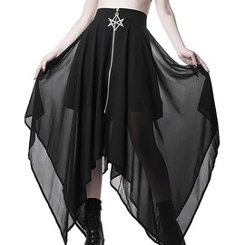 Tulle Skirt Women's Long Black Gothic Clothing Women's Goth High Waist Pentagram Embellished Handkerchief Hem Skirts, black