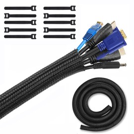 YIUTERA Organizador de Cables, Manguitos de Cable Cubre Cables Protector para Cables 10 Piezas Bridas Reutilizables Funda de Cable para protección y Cable Management （5M-13mm Negro）