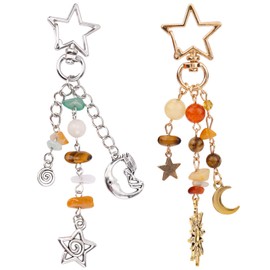 Mikovivi 2pcs Moon Sun Star Keychain Keyring, Y2K Key Chain Ring with Gravel & Beads Boho Aesthetic Bag Charms for Women Girl (Silver, Gold)