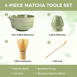 4PCS Matcha Whisk Set,Matcha Bowl with Spout,Matcha Whisk, Ceramic Whisk Holder,Bamboo Matcha Scoop,Perfect Matcha Set for Matcha Tea Ceremony(Mottled Green)
