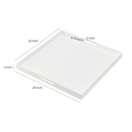 Oversize Extra Large King Size Bed Tray for eating Big Glossy White Acrylic Serving Tray with Handles 24x24 Inch -Spill Proof- Decorative Countertop Organizer for Ottoman,Bed,Party, Butler Tray