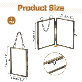 uxcell 2Pcs Mini Hanging Glass Frame, 2x3 Inch Clear Brass Pressed Flower Frame with Chain Rectangle Floating Picture Frame Double Glass Frame for Pressed Flowers Artwork Photo, Bronze