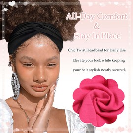 STGDAK Wide Headbands for Women Cute Boho Headband Solid Color Knotted Turban Head Bands Soft Hair Wraps Pink Head Scarf Fashion Turban Hairband Black Scarf Headband For Women’s Hair Accessories