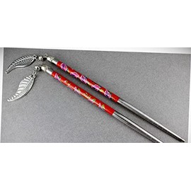 Perfect Hairstyle with Our Hair Accessories - Red Pink Set 2 Dangle Leaf Floral Flower Hair Chop Sticks Picks Pins 6 1/8" Long Fashionable Hair Accessory Hair Jewelry Accessories for Lady Women