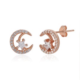 Meissa Sterling Silver Earrings for Women Moon Star Earrings Gold Earrings Cute Rose Gold Studs Hypoallergenic Girls Earrings, Rose Gold