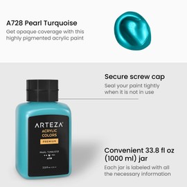 ARTEZA Acrylic Paint, A728 Pearl Turquoise, 33.8 fl oz, 1000ml Jar, Opaque, Quick-Drying, Acrylic Paints for Painting on Canvas and Wood