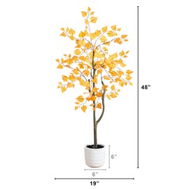 Nearly Natural 4ft Autumn Birch Artificial Tree - Lifelike Fall Foliage in White Decorative Planter, Flexible Branches, Indoor Use - Realistic Seasonal Decoration