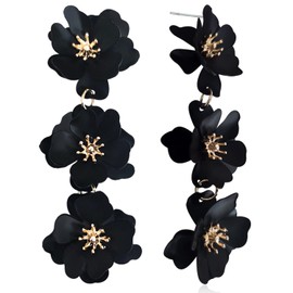 Elegant Bohemian Matte Tiered Triple Flower Dangle Drop Earrings Chic Charm Cute Long Floral Stud Earrings for Women Statement Jewelry Gifts (Black)