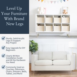 Acrylic Furniture Legs With Gold Caps - Mid Century Legs For Couch, Sofa, Chair, Table, Dresser, Bed, Cabinet - Furniture Feet Are Easy To Install & Include Installation Hardware - Set of 4, 8 Inches