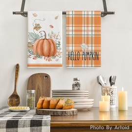 Artoid Mode Orange Watercolor Stripes Hello Pumpkin Fall Kitchen Towels Dish Towels, 18x26 Inch Seasonal Leaves Decoration Hand Towels Set of 6